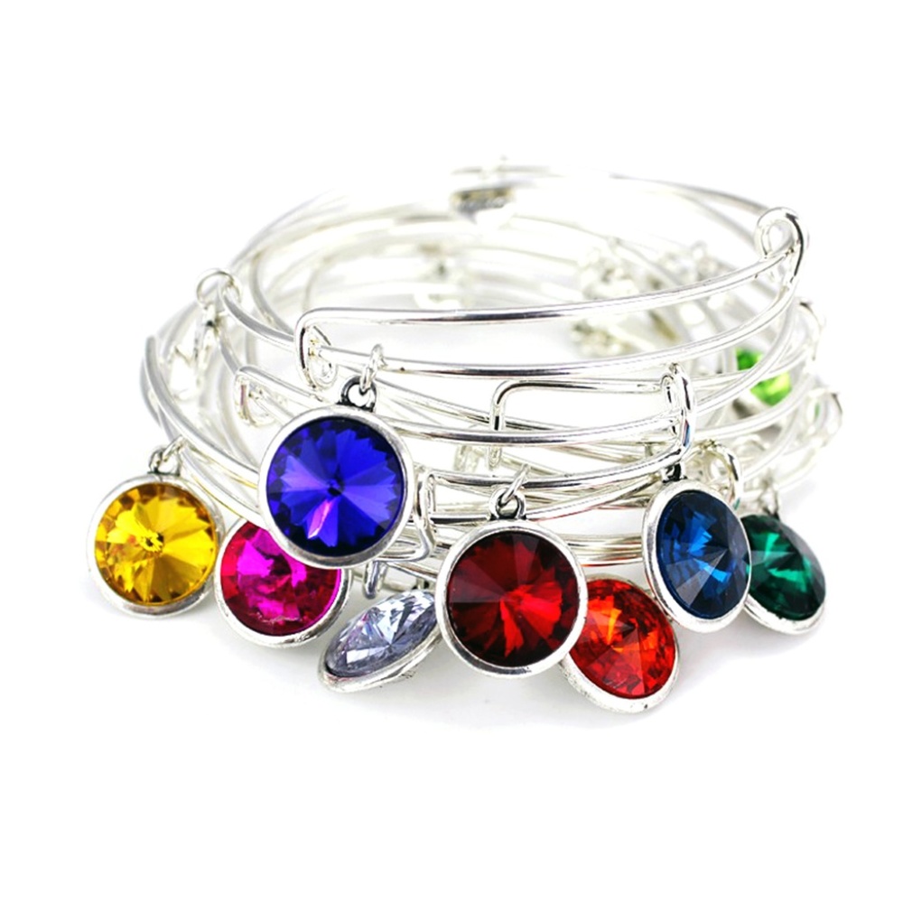 Silver Birthstone Expandable Wire Crystal Heart Charm Bracelet